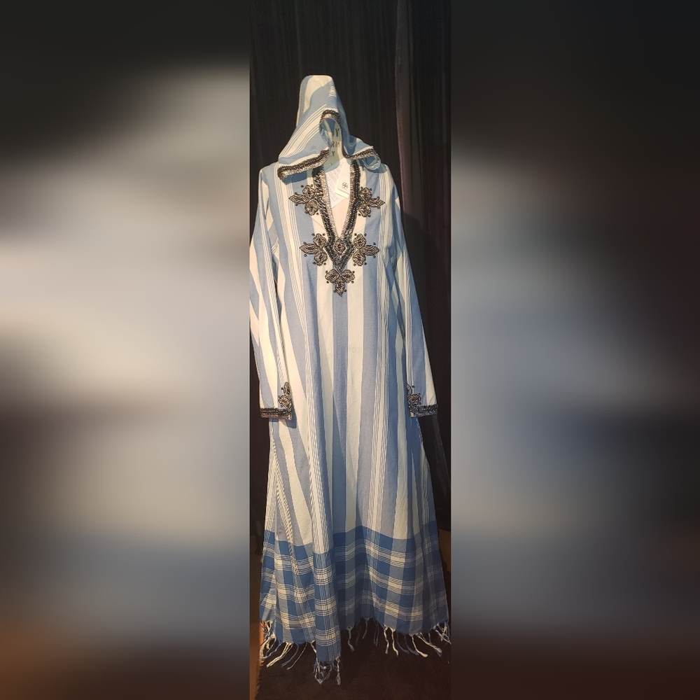 NWT. Tory Burch pinstripe blue white Striped Hood Kaftan sequins embroid   dress - Picture 4 of 16